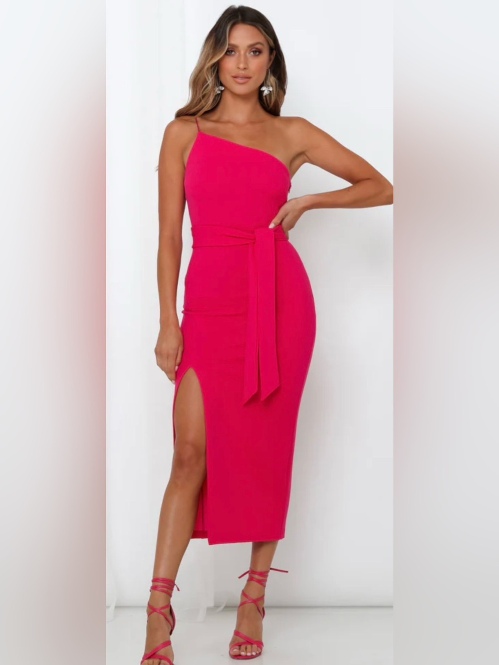 Hello Molly One-Shoulder Fuchsia Midi Dress with Side Slit